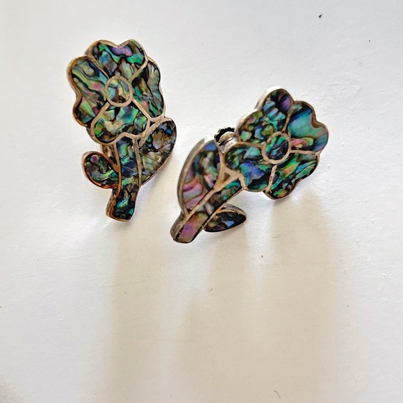 Vintage Sterling silver Abalone flower screw on earrings 925 handcrafted  in Mex - Picture 1 of 8